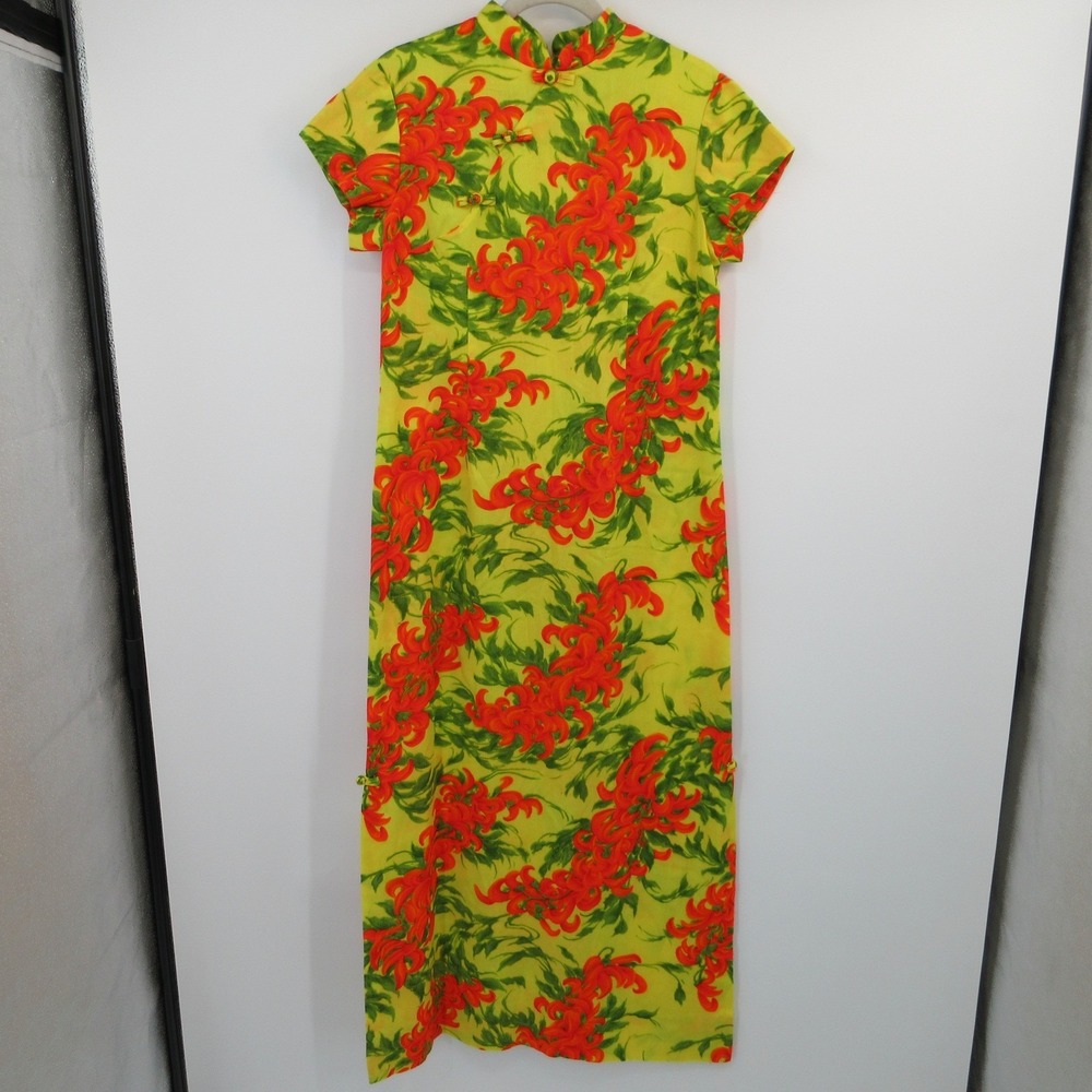 Vintage Andrade Honolulu Cheongsam Maxi Dress Yellow Floral Frog Closure Sz 14